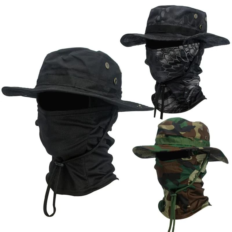 2 pz/set Cappello a tesa larga Passamontagna Set misto Uomo Protezione solare Boonie Cap All'aperto Escursionismo Campeggio Cappello da pesca Cappello da sole Cappello da pescatore