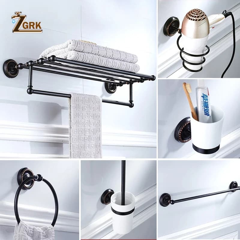 ZGRK Stile Europeo Nero Ottone Scopino Da Bagno Pieghevole Specchio di Lusso Residenziale Rotonda Anello di Tovagliolo Attrezzatue E Accessori Per Il Bagno Kit