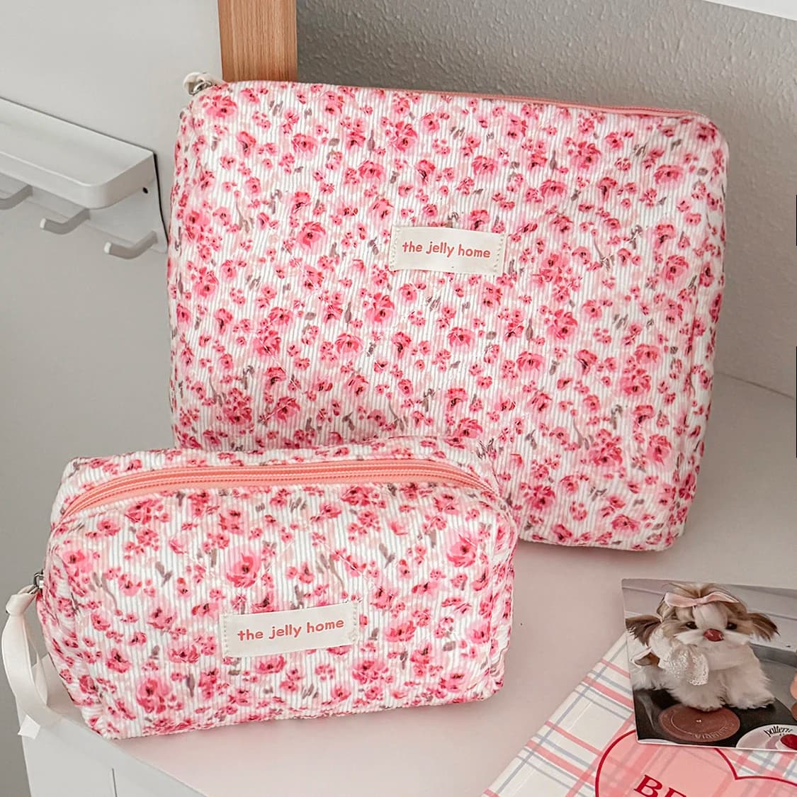 Fashionable pink flower women's clutch set, toilet makeup tool set, quilting case, cosmetic organizer, travel bag