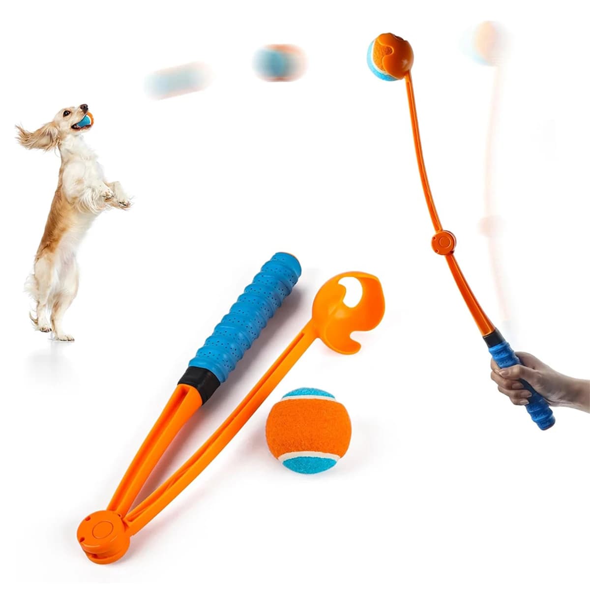 Foldable handheld ball launcher for pet dogs, portable thrower for outdoor training with 6.5cm tennis balls