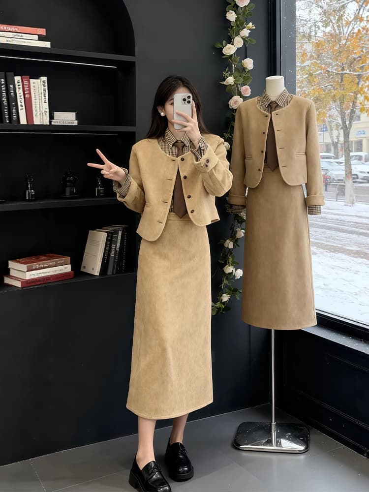 Winter Faion plus Size Tee Piece Set Cappotto e gonna di lana Combo Ele Little Bla Dr Sle Gonna a vita alta