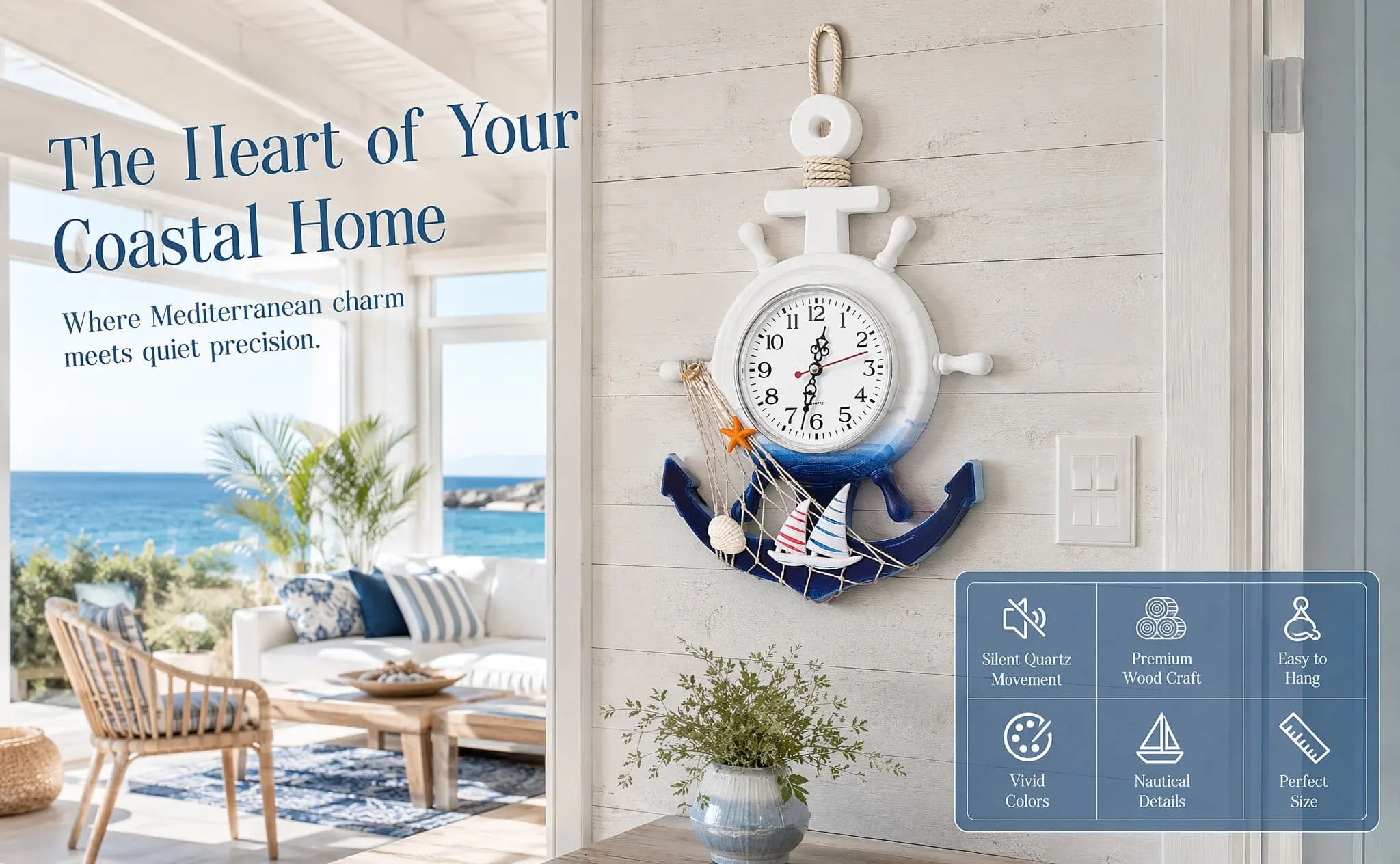 Wooden Plastic Mediterranean Style Wall Hanging Clock Creative Boat Anchor Star Design Clear Mirror Surface Home Decoration