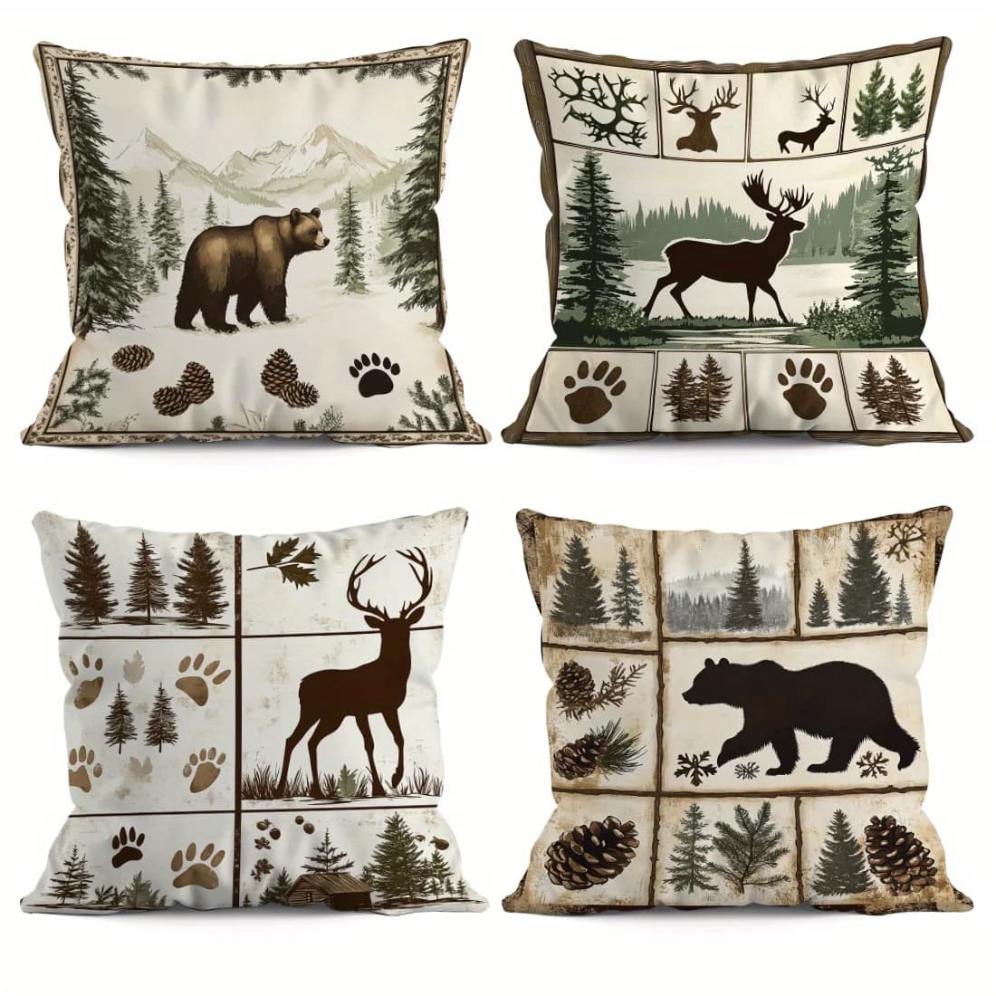 4 pezzi di peluche corto stampato su entrambi i lati con collage di animali della foresta, adatto per soggiorni, camere da letto, divani (esclusi i cuscinetti)