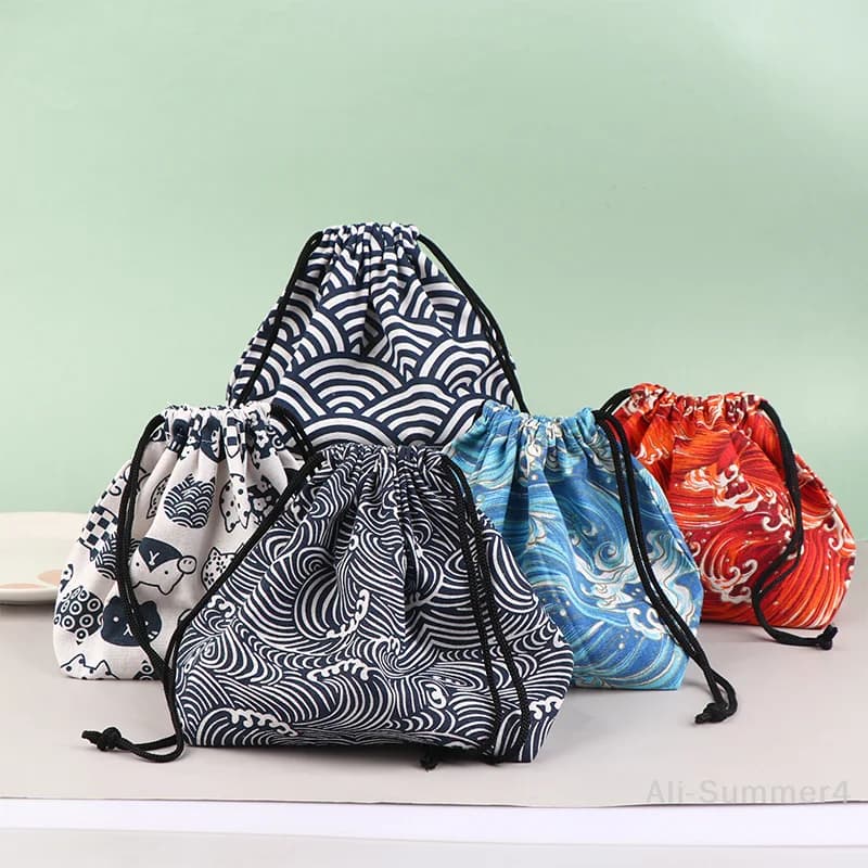 Borsa portaoggetti per scatola da pranzo con coulisse in stile giapponese da 1 pezzo per picnic da viaggio Borsa da pranzo portatile Bento facile da lavare