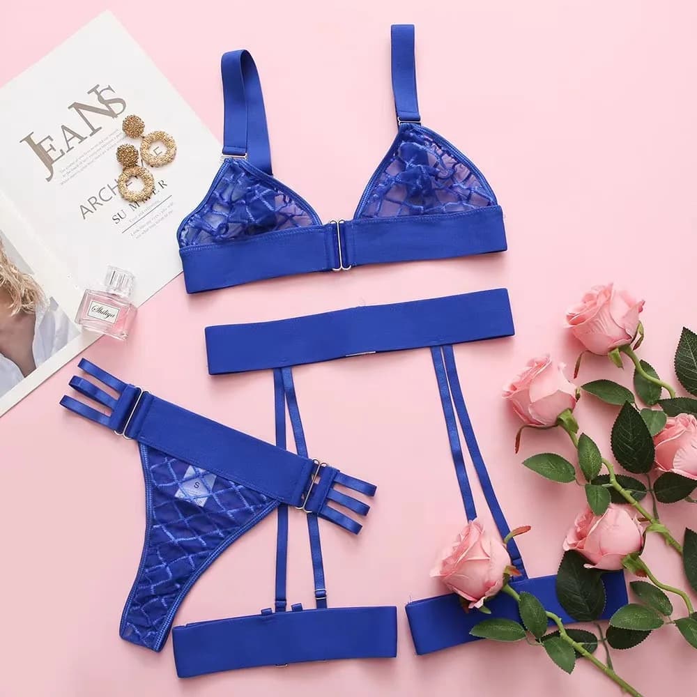 Reggiseno a rete in 3 pezzi giarrettiere kit fantasia fasciatura intima Sissy intimo erotico scava fuori vestito Sexy Lingerie set esotici