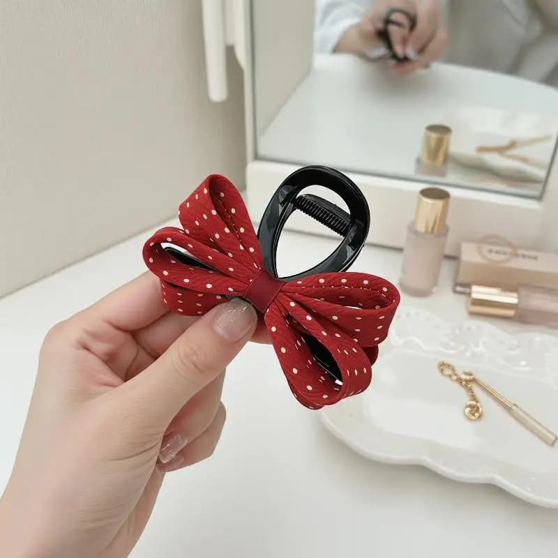 Polka Dot Bow Hair Clip For Women Fashion Shark Claw Clip Elegant Temperament Secure Ponytail For Dating Look
