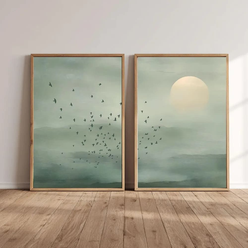 Japandi Wall Art Set of 2 Sage Green Landscape Poster Minimal Zen Sunset Print Scandinavian Wabi Sabi Neutral Nature Decor Gift