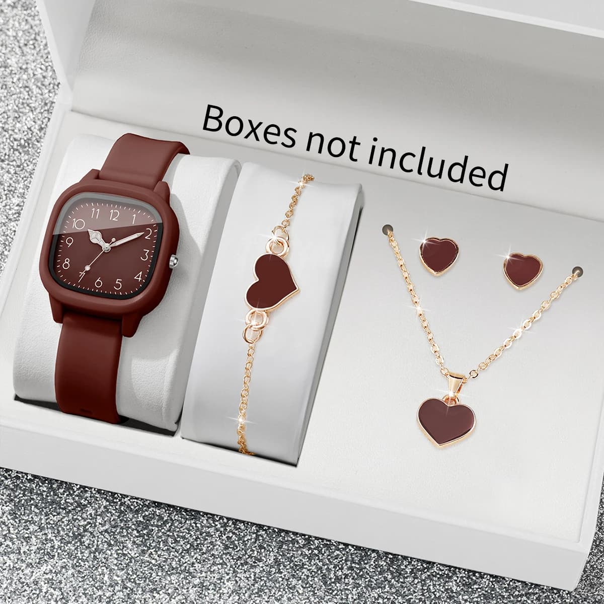 Set di 5 Orologi da Donna alla Moda con Gioielli a Forma di Cuore, Cinturino in Silicone Quadrato, Orologio Sportivo da Polso, Regalo per Ragazze (Senza Scatola)