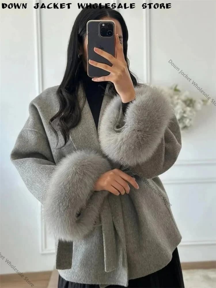 Women's Trench Coat Old Money Style Wool Blend Long Jacket Elegant Belted Winter Office Lady Natural Fur Coat Outerwear Clothing