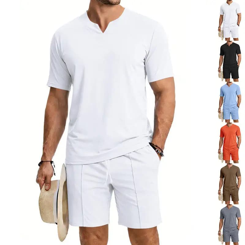 Men's Summer V-Neck Quick Dry Comfortable Loose Short Sleeve Two-Piece Set Short Pants Trendy Clothing Youth T-Shirt Shorts