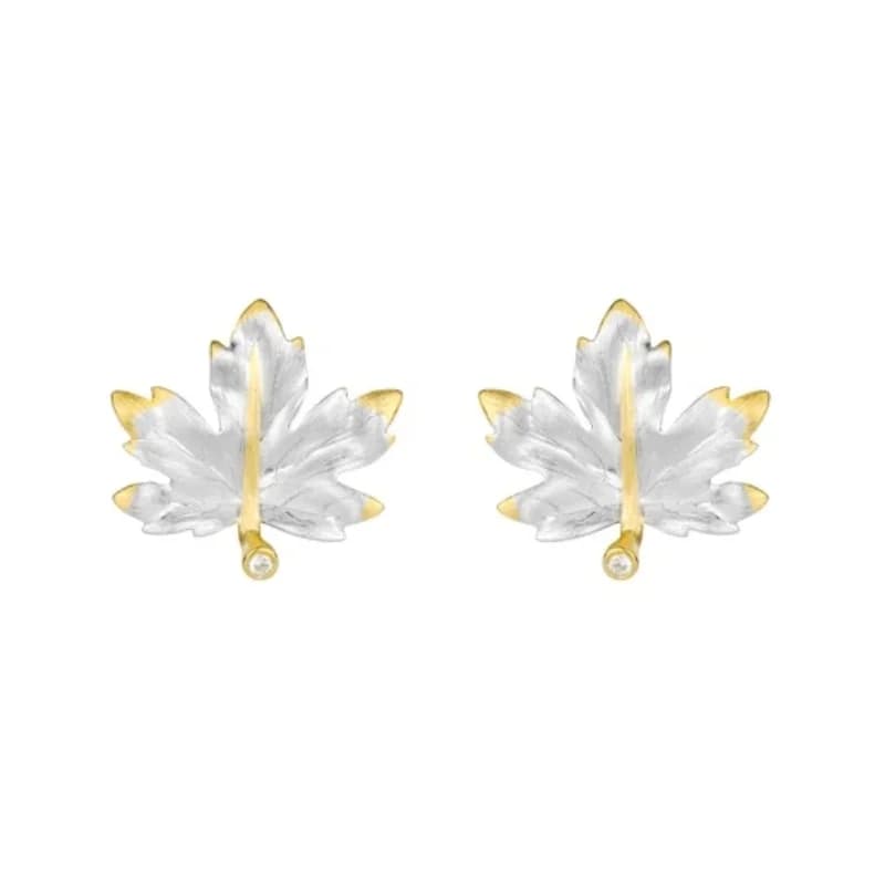 Bellux 925 Sterling Silver Gold Plated Maple Leaf Stud Earrings Synthetic Zircon Nature Inspired Two Tone Leaf Special Earrings
