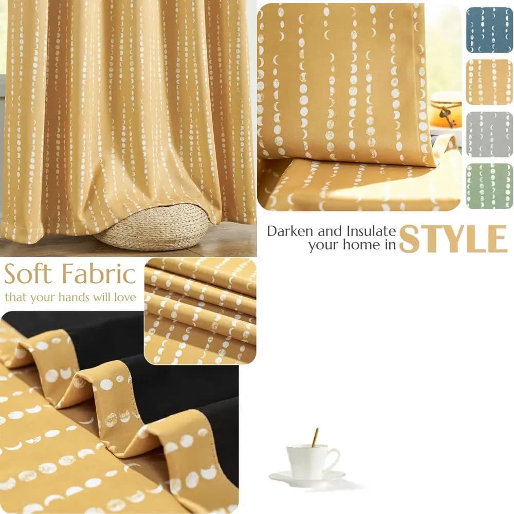 Tende Oscuranti Stile Boho 84 Pollici con Fasi Lunari Giallo Senape, Termoisolanti, Set da 2 Pannelli per Camera da Letto o Cameretta