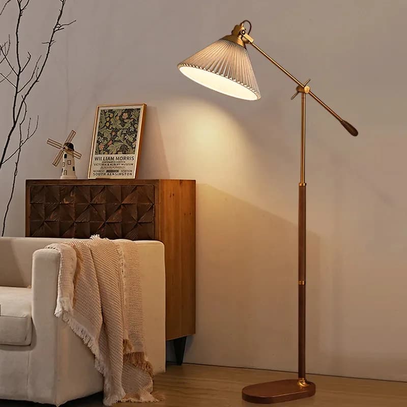 Lampada da Terra Vintage Semplice in Legno per Soggiorno, Divano, Camera da Letto, Comodino, con Decorazioni in Metallo, Noce e Ottone