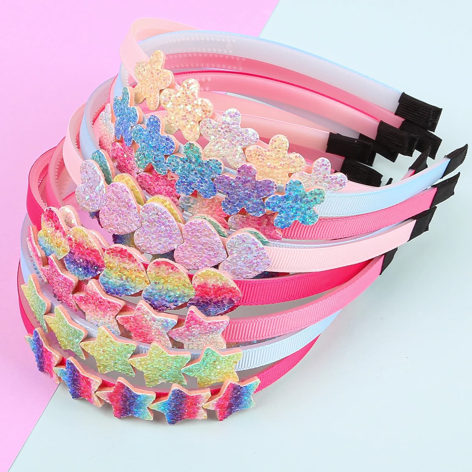 4/12 pezzi arcobaleno colori glitter stella cuore fasce floreali per ragazze denti in plastica cerchio per capelli accessori per capelli donna bambini