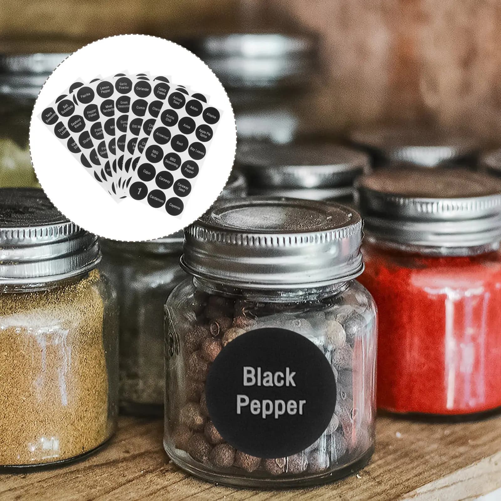 8 Fogli di Etichette Rotonde per Spezie, Adesivi per Barattoli da Cucina, Etichette Autoadesive per Classificazione, Set di Etichette per Bottiglie di Condimenti