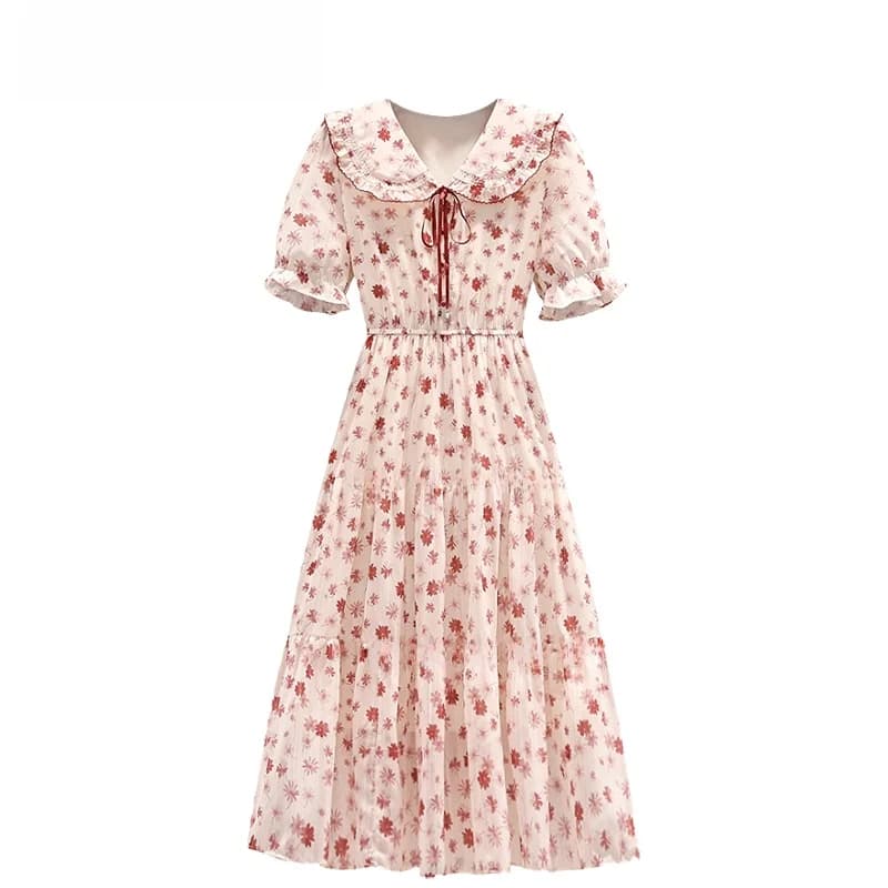 Fashionable Short Sleeve Chiffon Doll Collar Dress Women's Mid-Length A-Line Skirt Summer Sweet Style Printed Dress