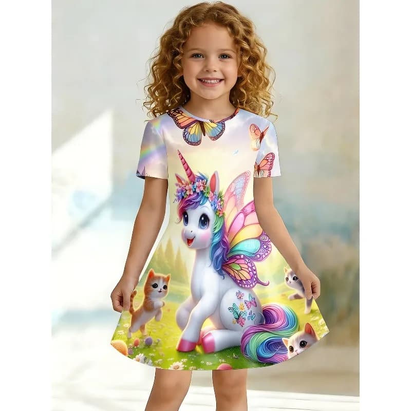 Abito T-shirt stampato con unicorno arcobaleno e gattino per bambina, abito casual da giardino con farfalle per bambini, adatto per regali di compleanno