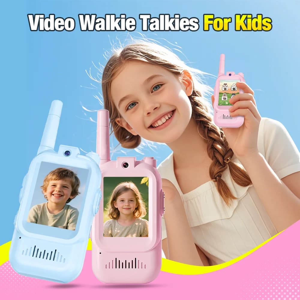 Kids Rechargeable Video Walkie Talkies 2 Pack Long Range 2" Screen Intercom Toy Gift for Boys Girls Age 3-9 Blue Pink