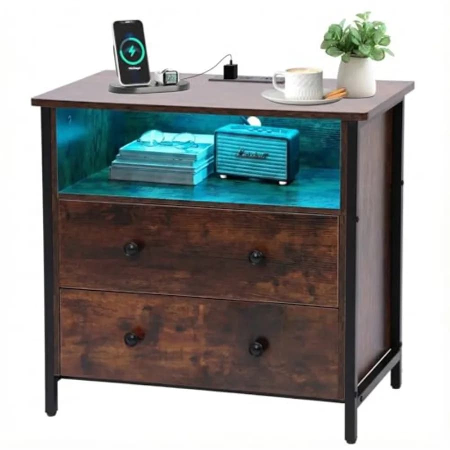 Comodino Grande in Legno da 7 Pollici con Illuminazione LED e Stazione di Ricarica, Cassetto Regolabile, Tavolino da Comodino per Soggiorno