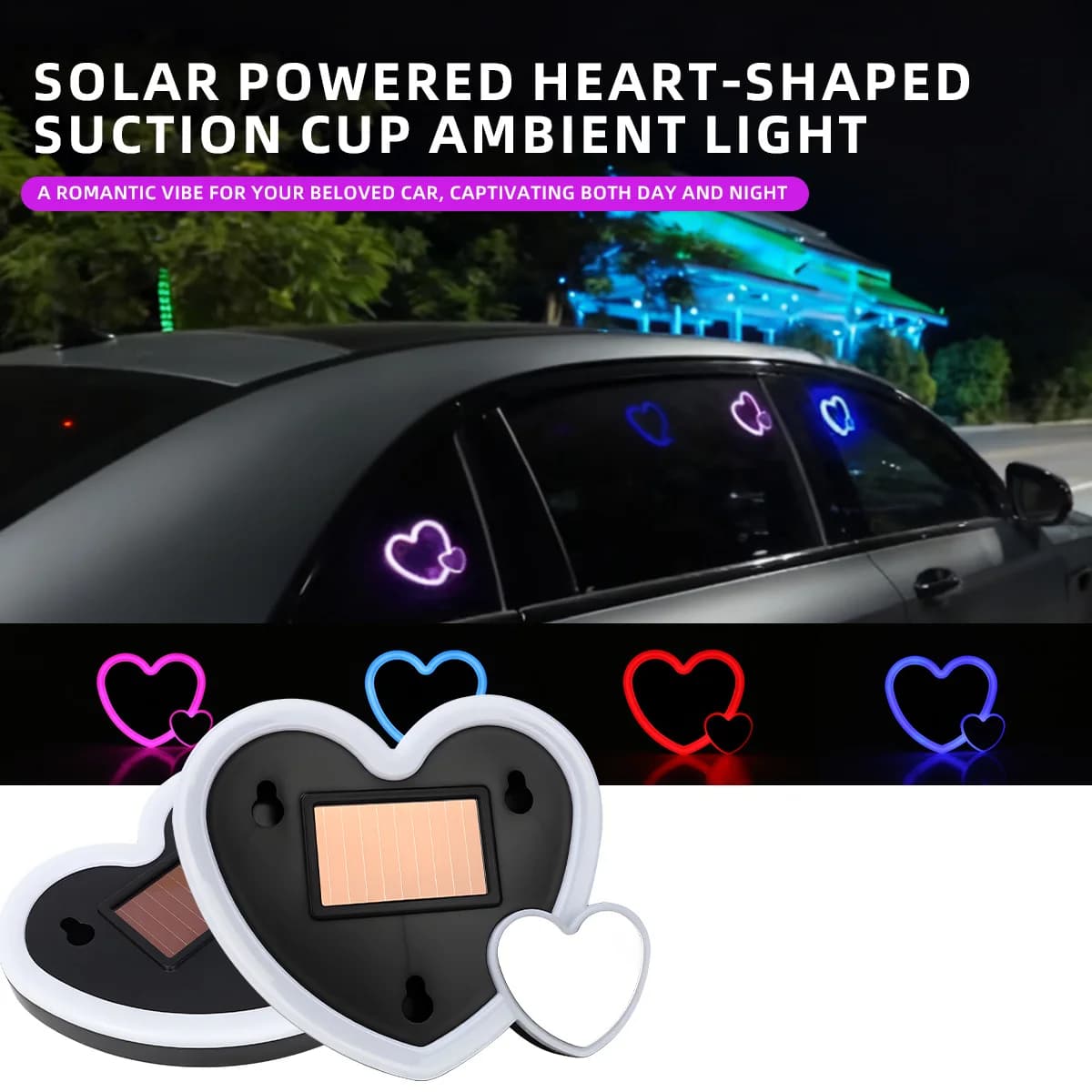 Solar Cute Heart shaped LED Environmental Light Car Neon Light Wireless Suction Cup USB Rechargeable Atmosphere Breathing Light