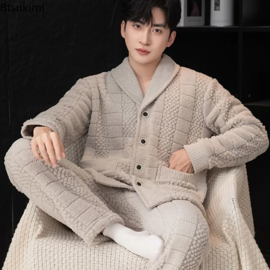 Nuovi set pigiama di flanella da uomo autunno e inverno addensare caldo allentato casual homewear velluto corallo top + pantaloni tuta da notte maschile