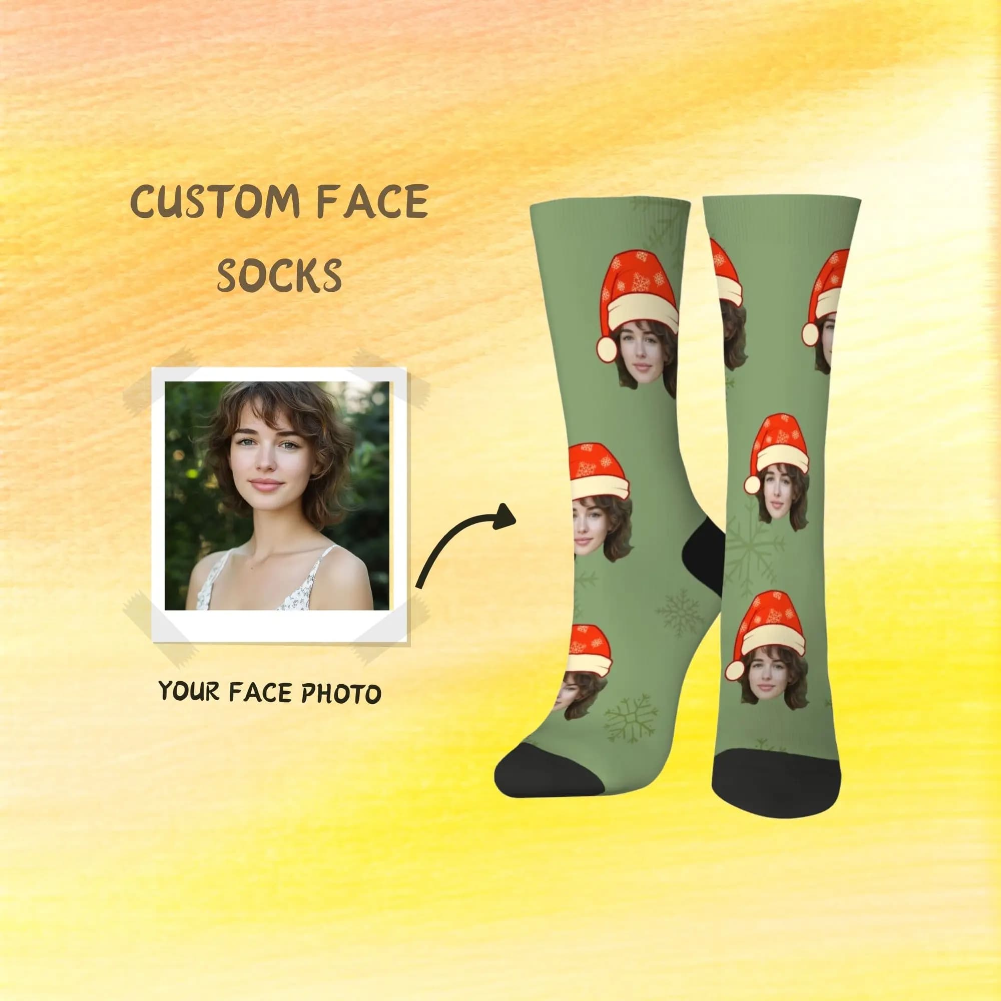 Warm Fresh Green Custom Face Santa Hat Christmas Socks Dark Green with Subtle Snowflakes Fresh Bright Festive Personalized Gift