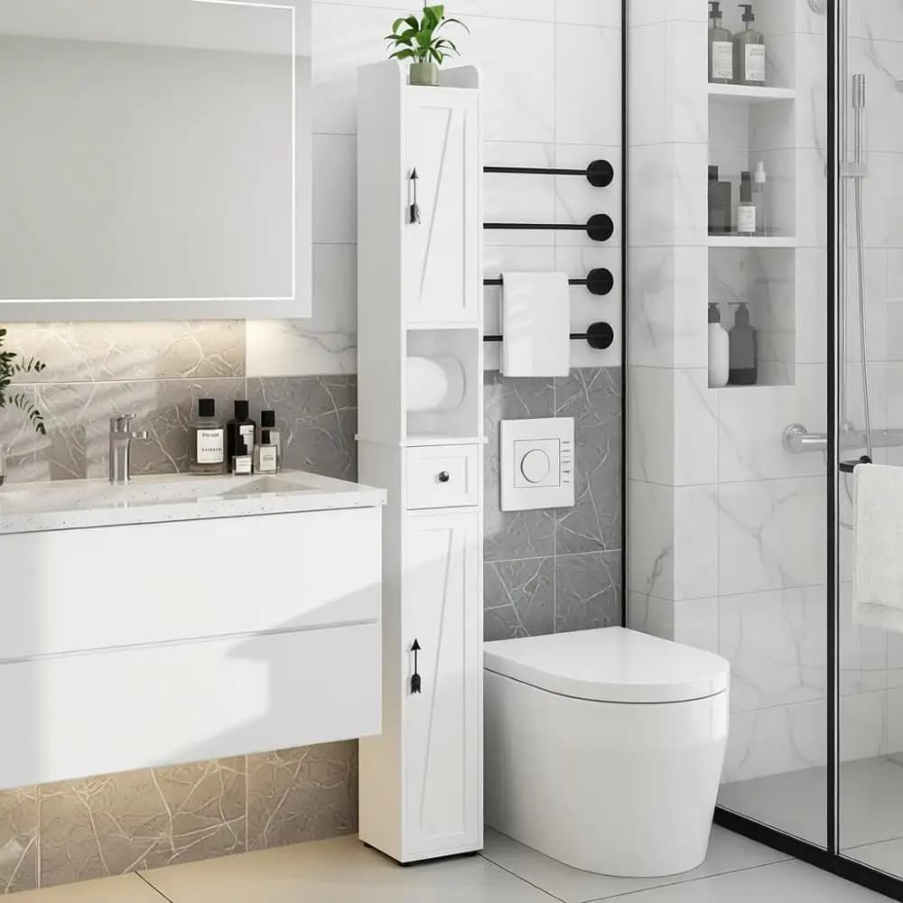 Mobiletto Stretto per Bagno con Ripiani Regolabili, Armadietto Autoportante Alto 170 cm con Portarotolo, Mobiletto Sottile a Torre