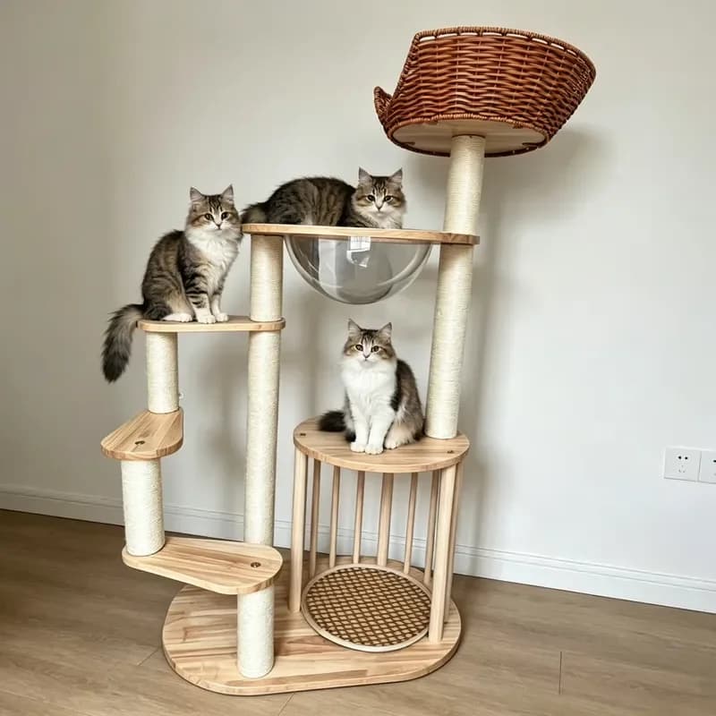 for Modern Cat Tree Climbing Frame Nest House Jumping Platform Scratching Board Durable Rubber Wood Rattan Construction