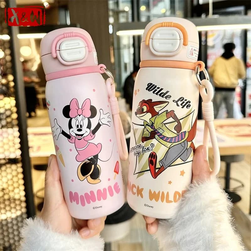 X&W Disney 500ml Children Insulated Water Cup 316 Stainless Steel Judy Nick Vaccum Flask Outdoor Straw Water Bottles for Student