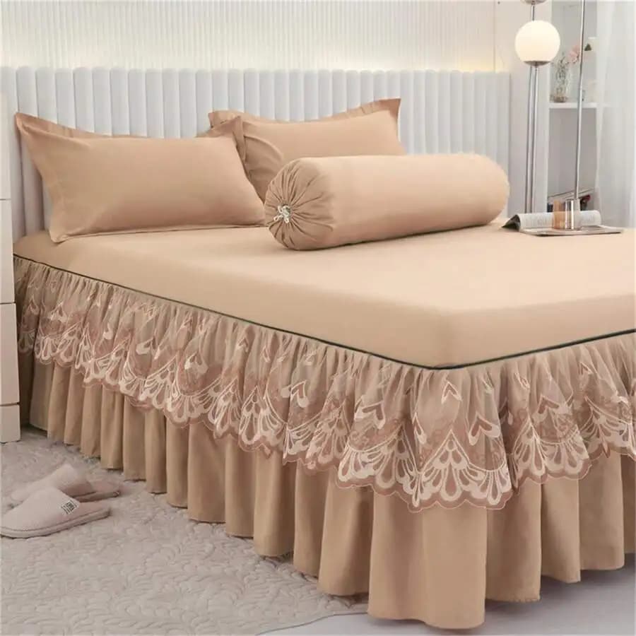 Set of 3 Pieces for Bed with Lace Edge, Beige Tinta Unita, Washing Machine
