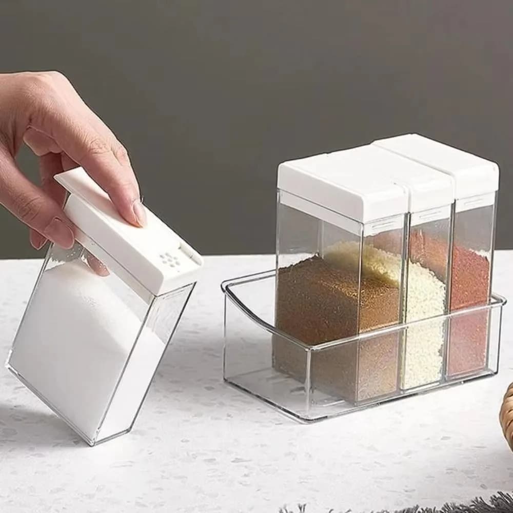 4 in 1 Seasoning Spices Box Double Hole with Tray Seasoning Condiment Box Creative Clear Spices Container Set Household
