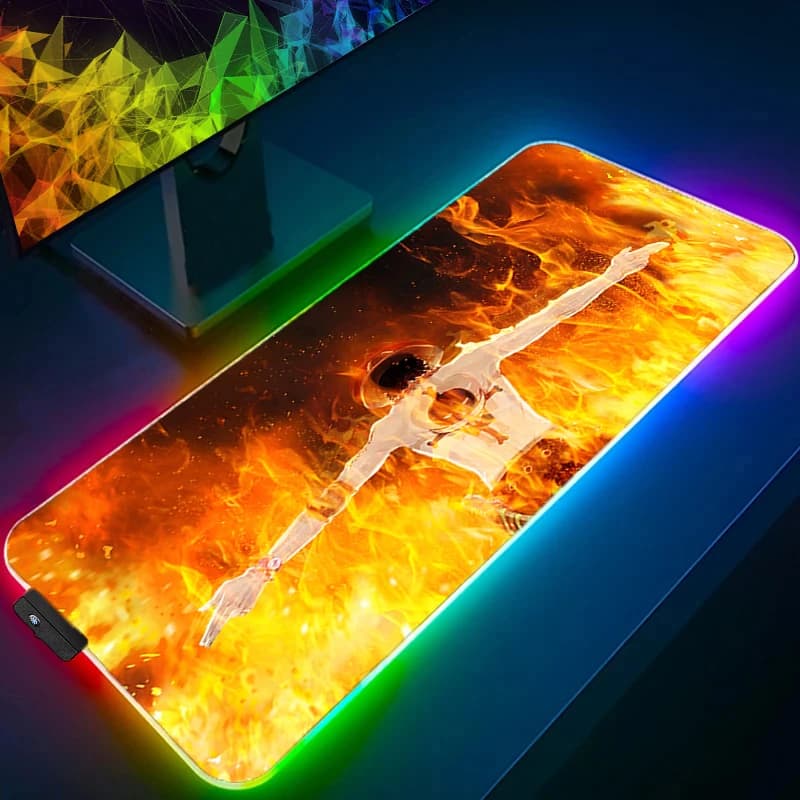 Tappetino per mouse LED XXL, Mousepad Anime Hot Blooded, Tappetino da scrivania One Piece Ace, Tappetino RGB per tastiera e mouse con retroilluminazione