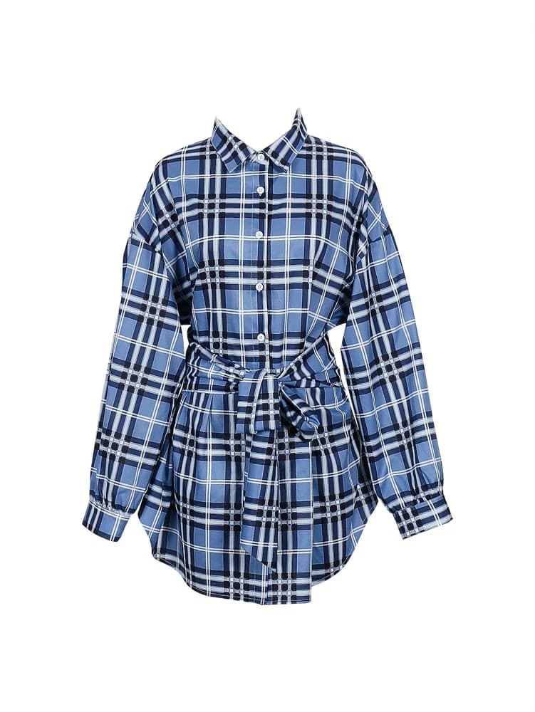Abito Camicia da Donna a Quadri con Elastico in Vita, Vestito Casual Oversize con Bottoni e Cintura