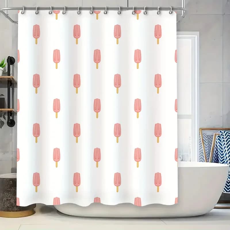 Tenda da doccia stampata impermeabile in poliestere per l'arredamento del bagno Modello di ghiaccioli rosa (bianco) 72''x84''