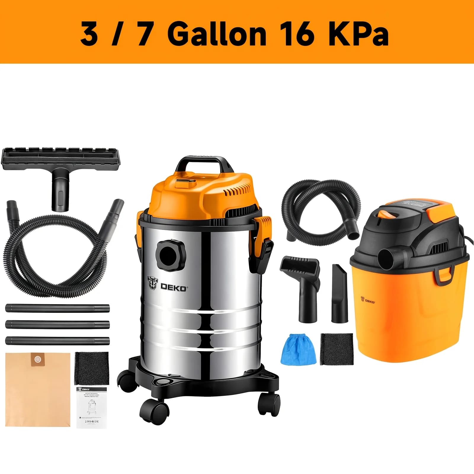 Aspirapolvere DEKO Shop Vac per Solidi e Liquidi | 3 galloni | 16 KPa | Portatile | Leggero | Potente aspirazione | Funzione del Ventilatore | Per peli di animali domestici, garage, pulizia auto, barca, casa e officina | Regalo per la Festa della Mamma
