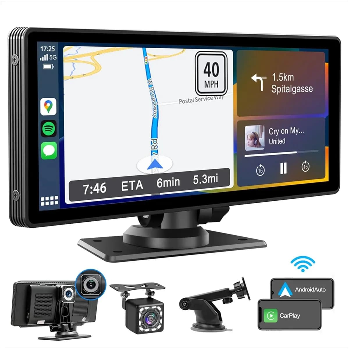 A40I Portable Wireless Carplay Stereo with Dash Cam - 10.26 Inch HD IPS Screen, Android Auto, 1080P Backup Camera, Bluetooth