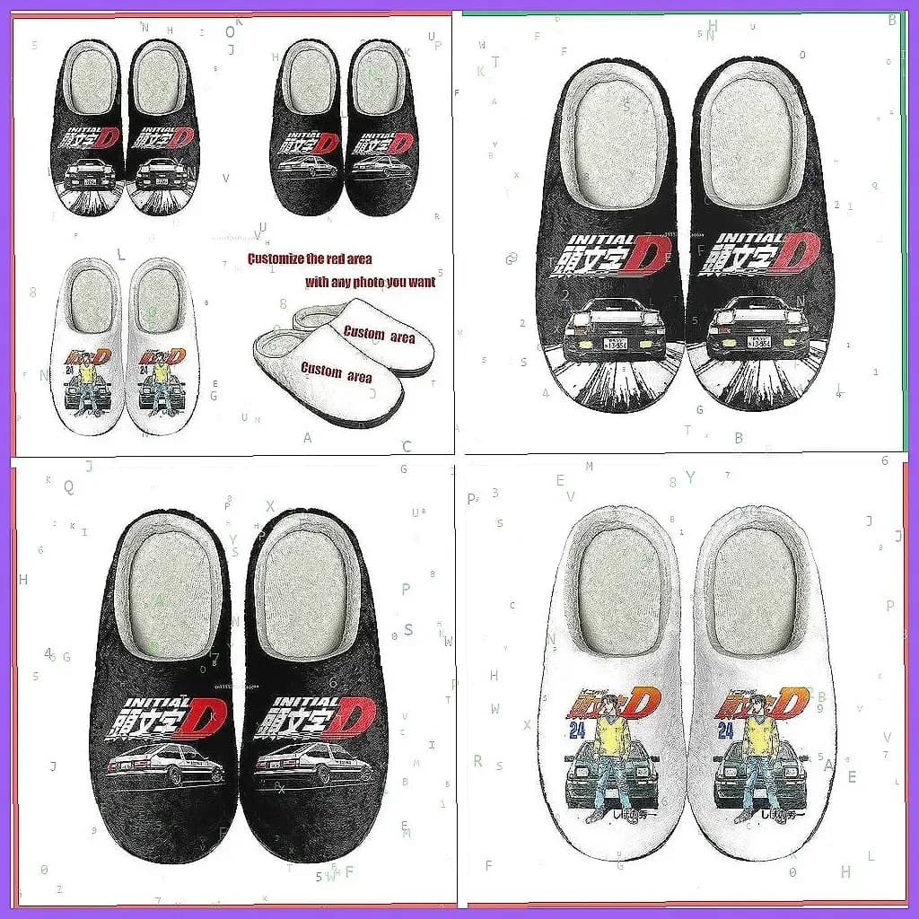 Initial D Anime Plush Slippers for Adults, Non-Slip Warm House Shoes, Cozy Home Footwear