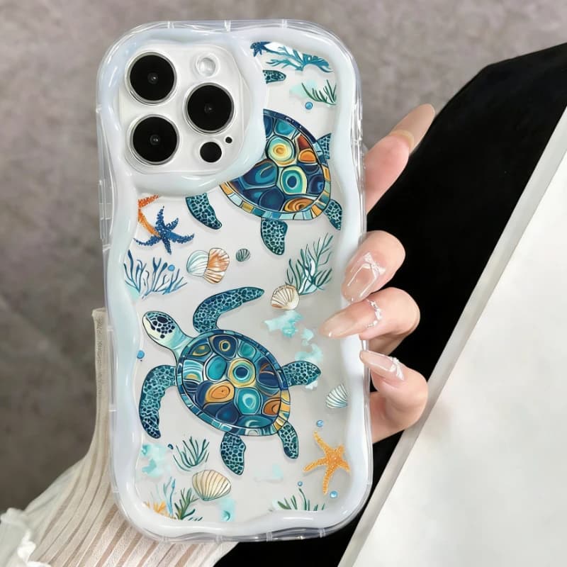 Green Turtle Underwater World Pattern Phone Case For iPhone 17 16 15 14 Plus 13 12 11 Pro Max 17e 16e Transparent Wavyedge Cover