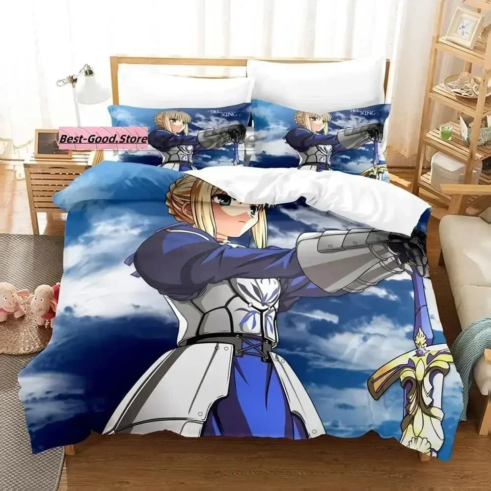 Set di biancheria da letto con stampa 3D Fate Saber, copripiumino stampato, federa, set di dimensioni singole, doppie, queen, super king