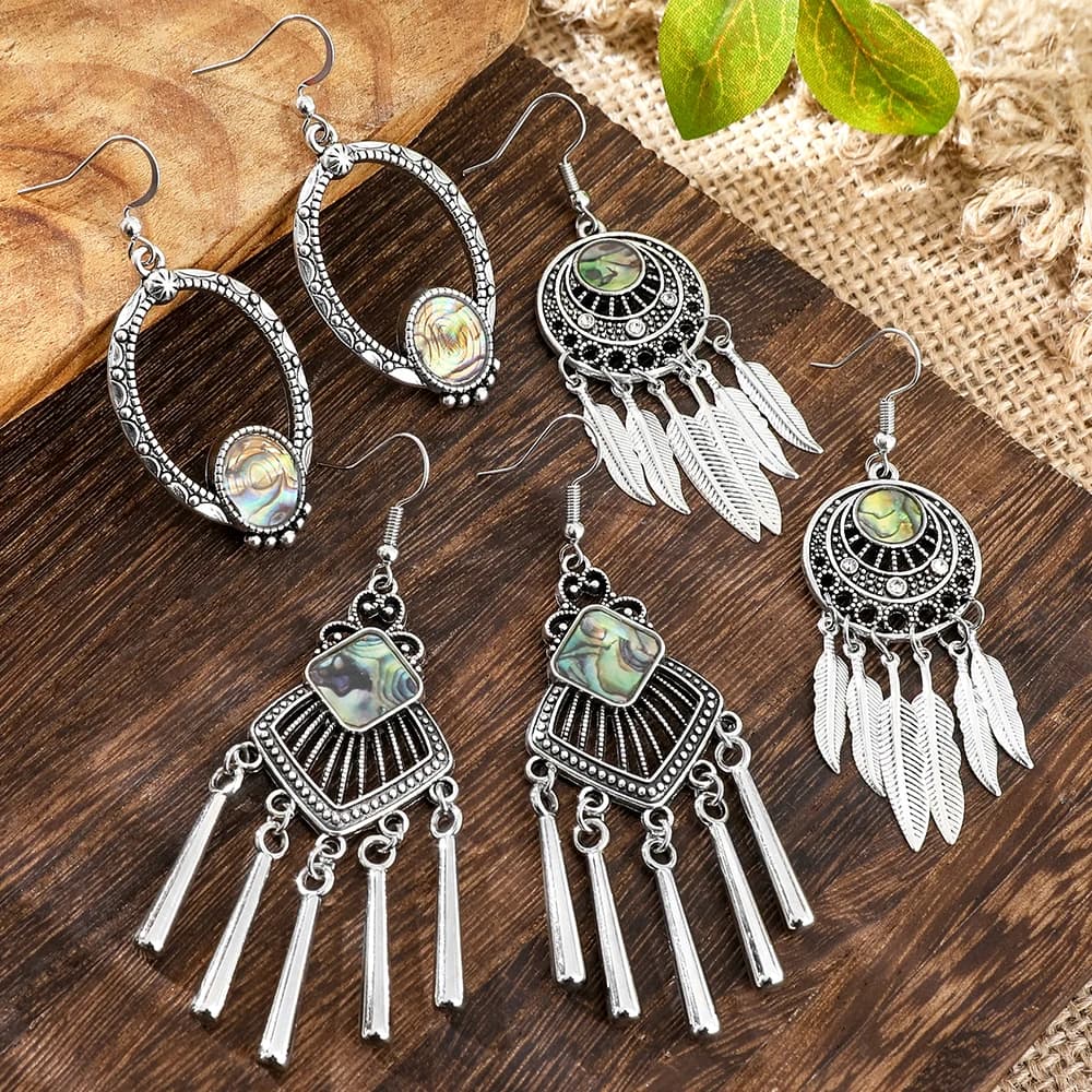Vintage Boho Abalone Shell Earrings for Women, Ethnic Dreamcatcher Feather Tassel Dangle Earrings Bohemian Piercing Jewelry Gift