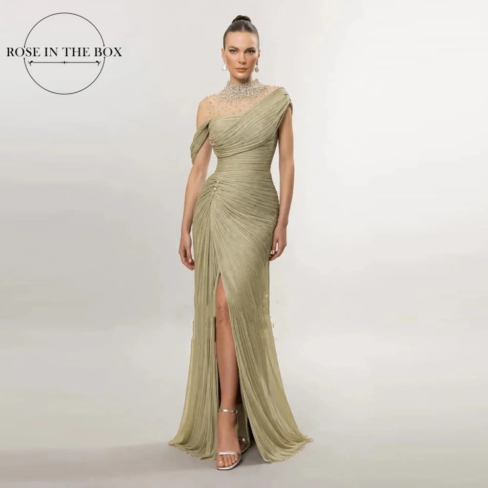 High Neck Mermaid Evening Dresses Draped Ruched Chiffon Sage Green Bodice Prom Dress for Women Crystal Embellished Customized