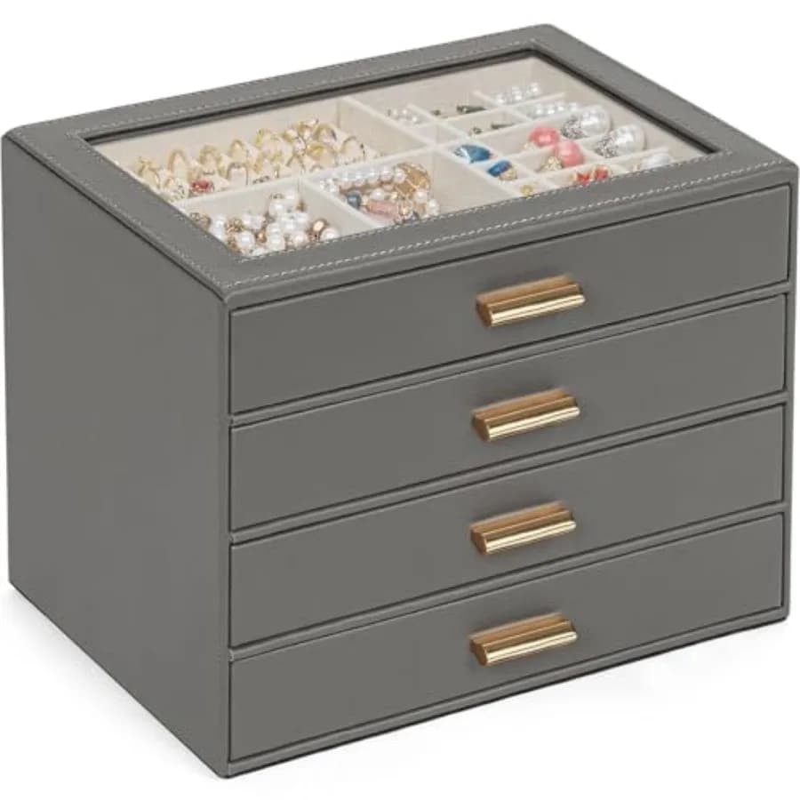 Portagioie con Coperchio Trasparente, Organizzatore Funzionale in Pelle con 4 Cassetti per Donne e Ragazze, per Collane, Anelli, Bracciali