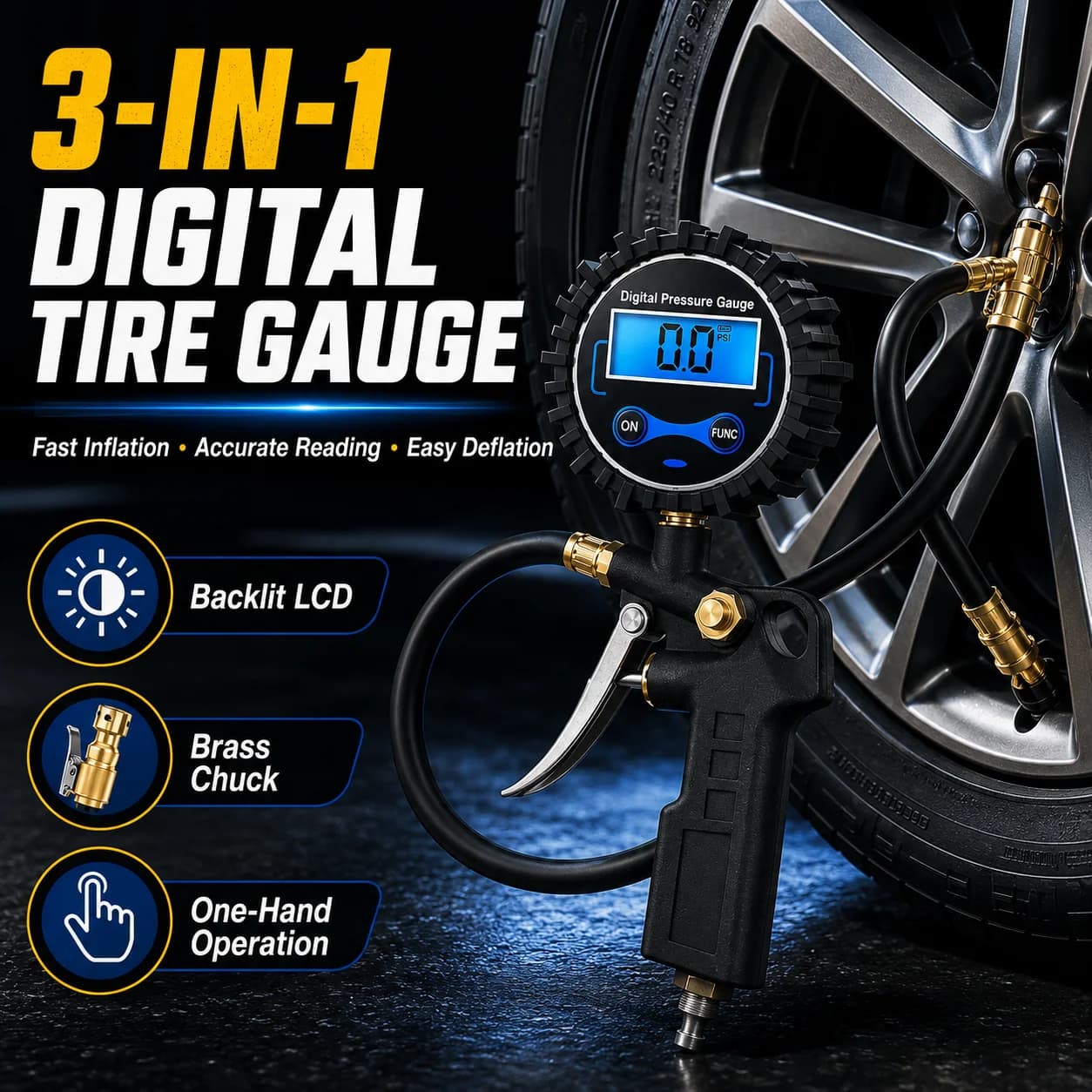 Digital Tire Pressure Gauge Inflator Deflator Tool Metal ABS Air Chuck with LCD Display for Car Truck Motorcycle Tire Care Kit