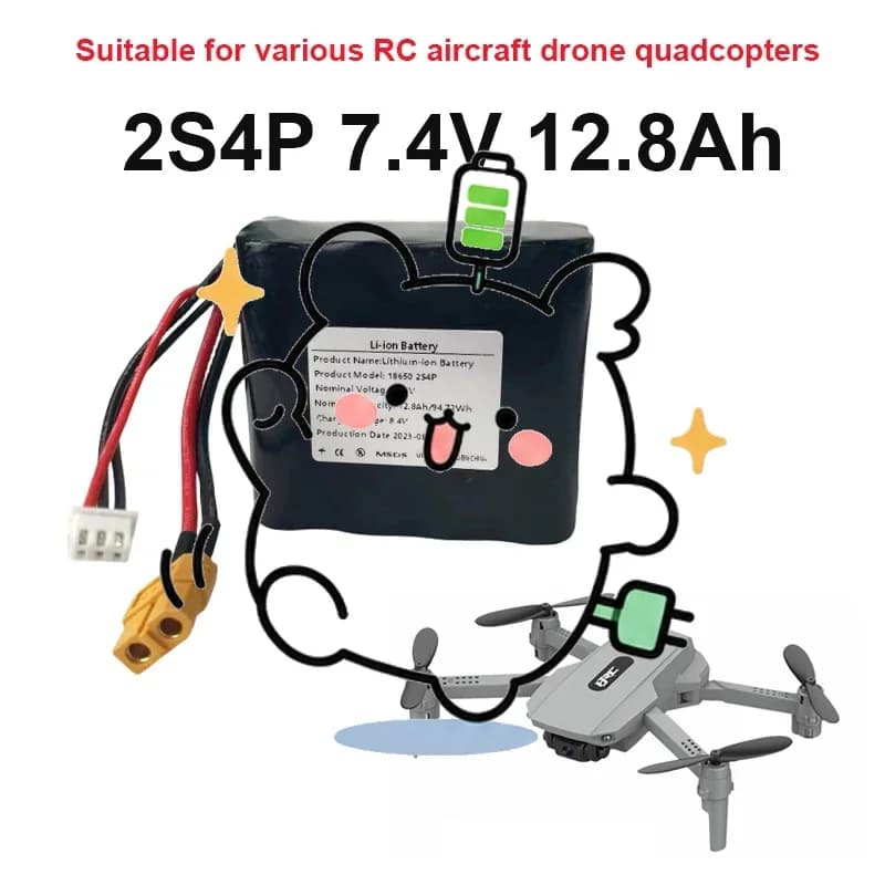 ✨📦2S4P 7.4V 12.8Ah High Capacity Rechargeable Lithium-ion Battery Suitable For Various RC Aircraft Drone Quadcopter XH2.54-3P X