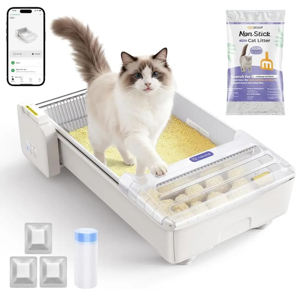 Lettiera Automatica Aperta con Funzione Auto-Pulente per Gatti Multipli, Contenitore Spazioso, Lettiera in Cassava da 2,2 kg Inclusa
