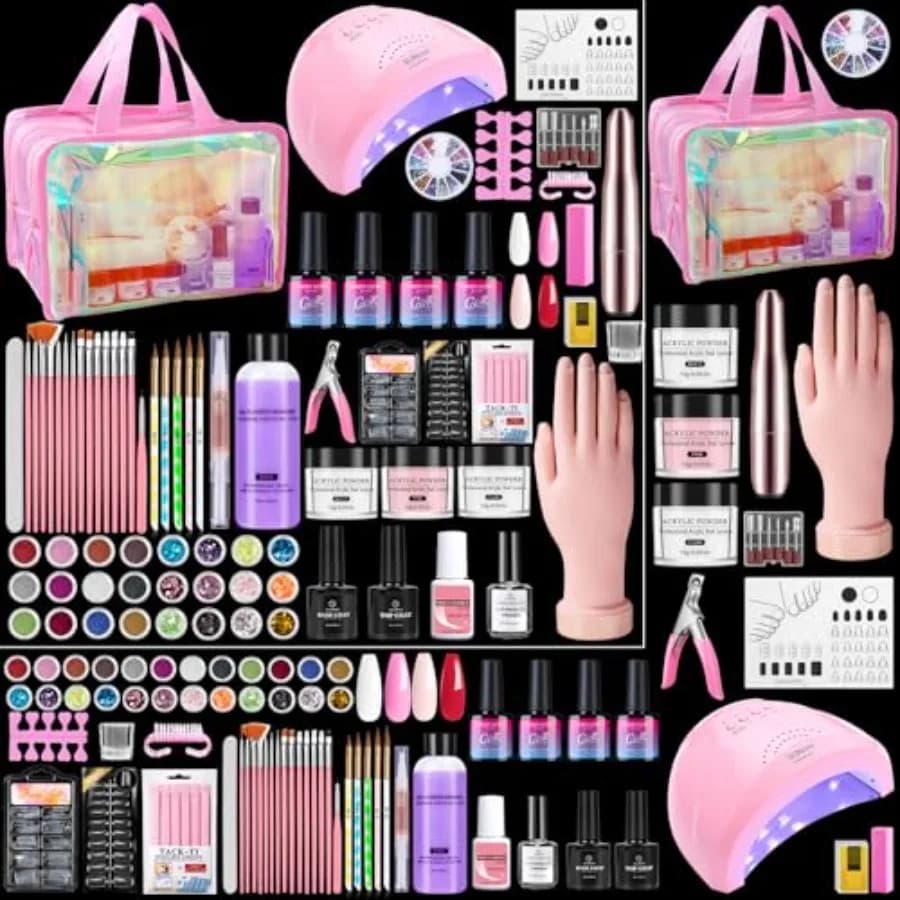 Kit Unghie per Principianti con Polvere Acrilica, Liquido, Lampada U/V in Rosa Olografico per Uso Professionale e Domestico, Set Completo per Principianti con Smalto Gel