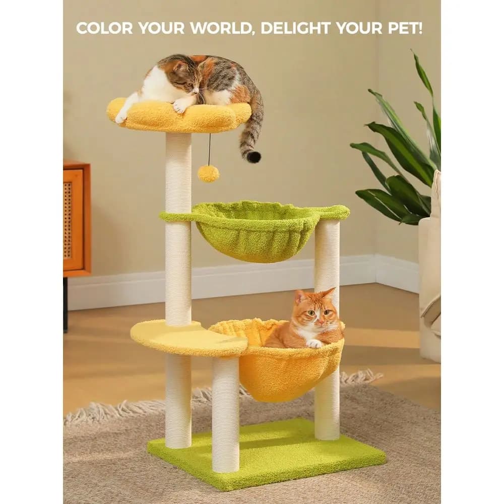 Albero per gatti da 37,4 cm con 2 ampie amache, piccola torre per gatti da interno con 6 posti di gioco, grazioso albero per gatti con parte superiore a forma di fiore