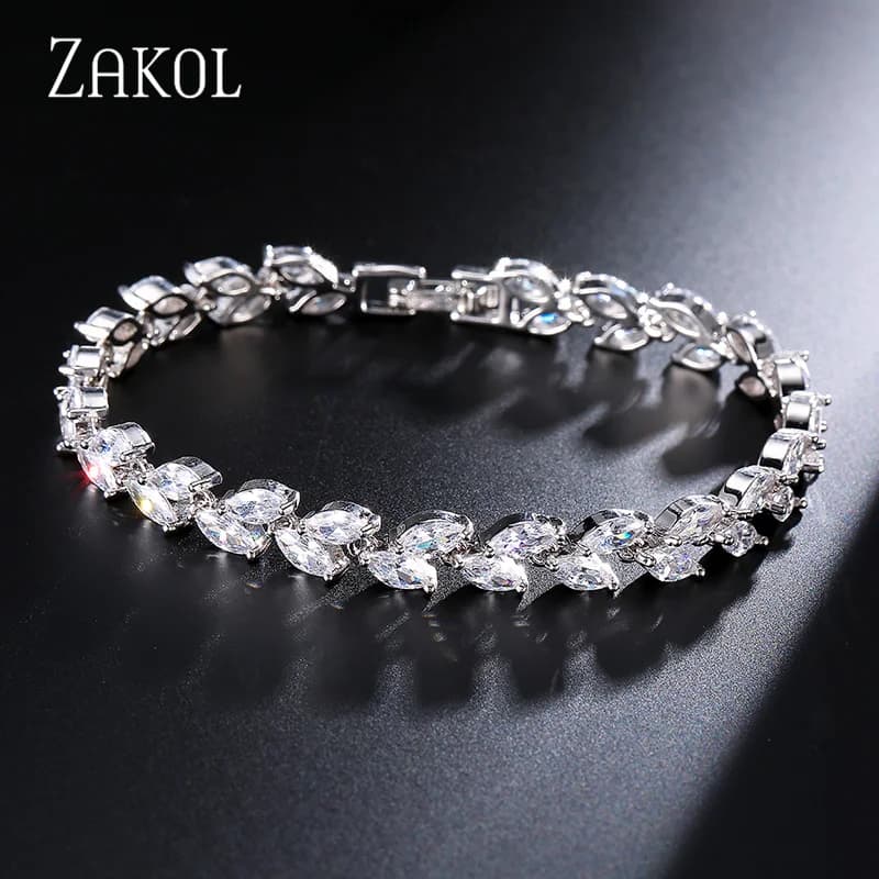 ZAKOL Braccialetti con foglie bianche alla moda Braccialetti per donna Uomo Shinny Taglio marquise Cubic Zirconia Gioielli da sposa per feste di nozze