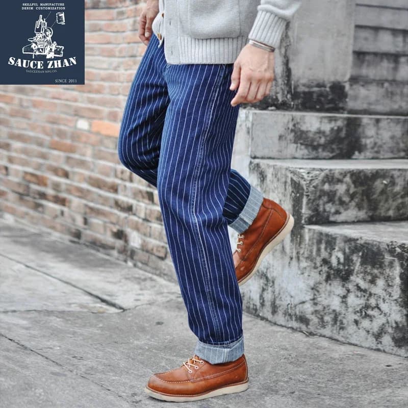 Saucezhan Jeans a Righe da Uomo Vintage, Salopette in Denim da Uomo, Pantaloni da Lavoro American Railroad, Jeans Slim Fit
