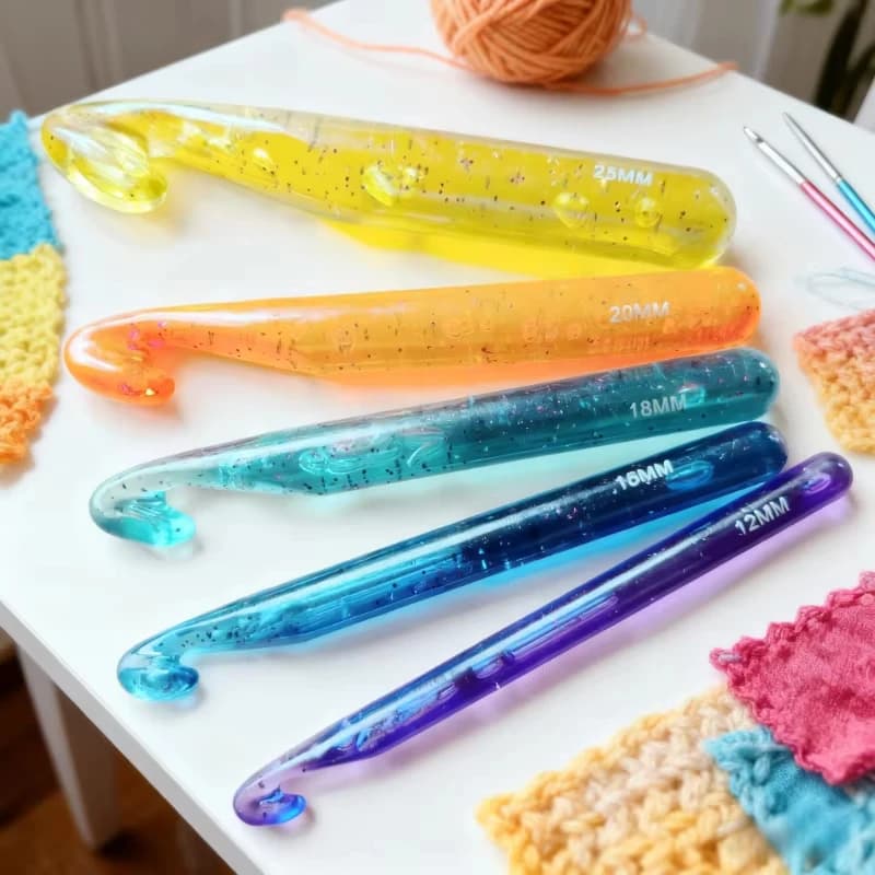 Set di uncinetti glitterati in plastica ABS, ferri da uncinetto in cristallo colorato trasparente da 12-25 mm per maglieria di filati e artigianato fai-da-te